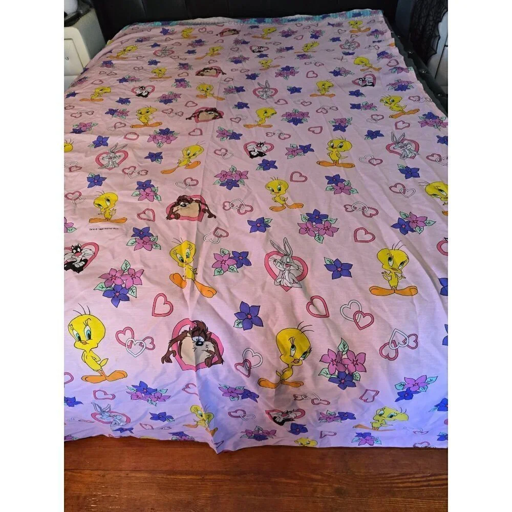 Vintage 90s 1996 Looney Tunes Pink Hearts Valentines Twin Sheet Set Tweety Tasma